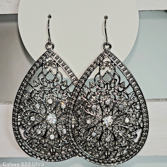 Ornate Silvertone Large Teardrop Dangle Boho Earrings - Picture 3 of 4